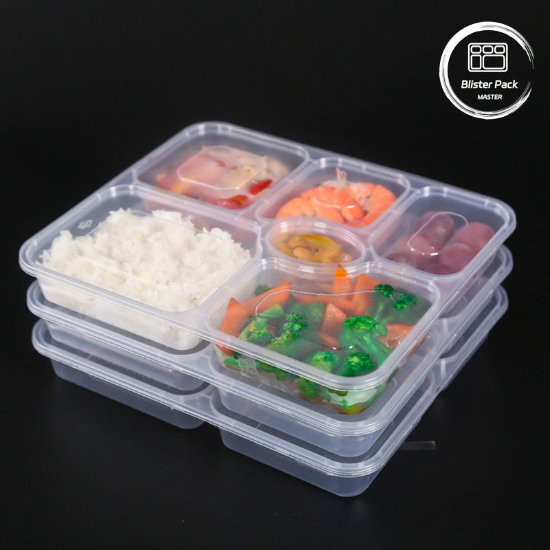 Transparante plastic maaltijdprep 6 compartiment wegwerpbento voor hotels en evenementen