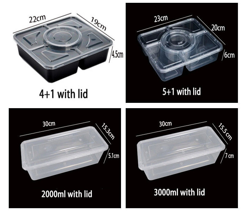 Transparante plastic maaltijdprep 6 compartiment wegwerpbento voor hotels en evenementen