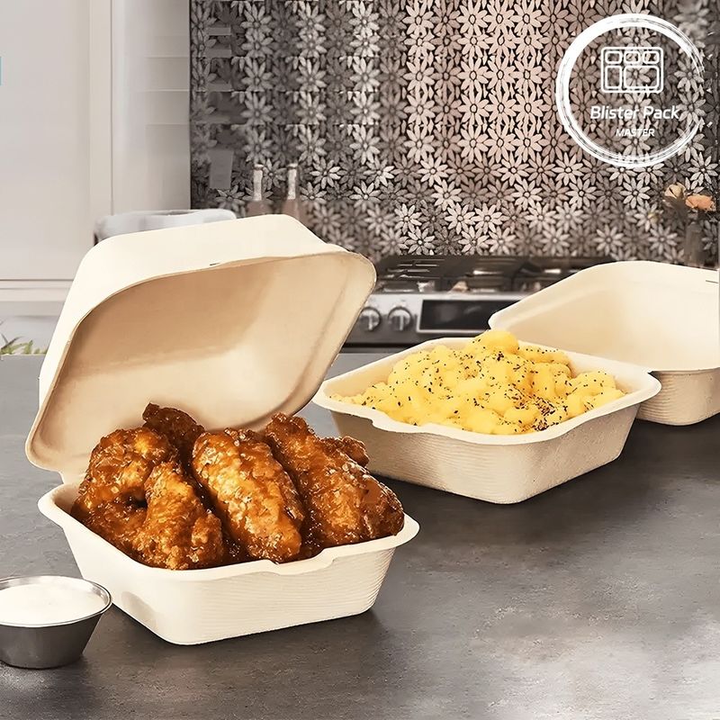Blister Ecocompostable Clamshell 3 Compartment Wegwerp Lunch Box Suikerriet Bagasse