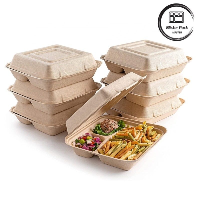 Blister Ecocompostable Clamshell 3 Compartment Wegwerp Lunch Box Suikerriet Bagasse