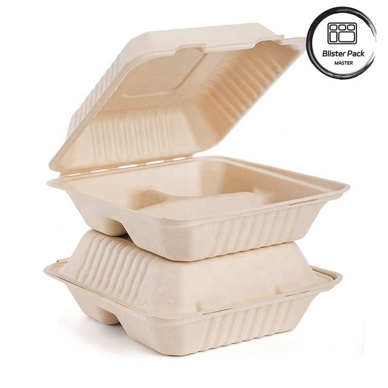 Blister Ecocompostable Clamshell 3 Compartment Wegwerp Lunch Box Suikerriet Bagasse